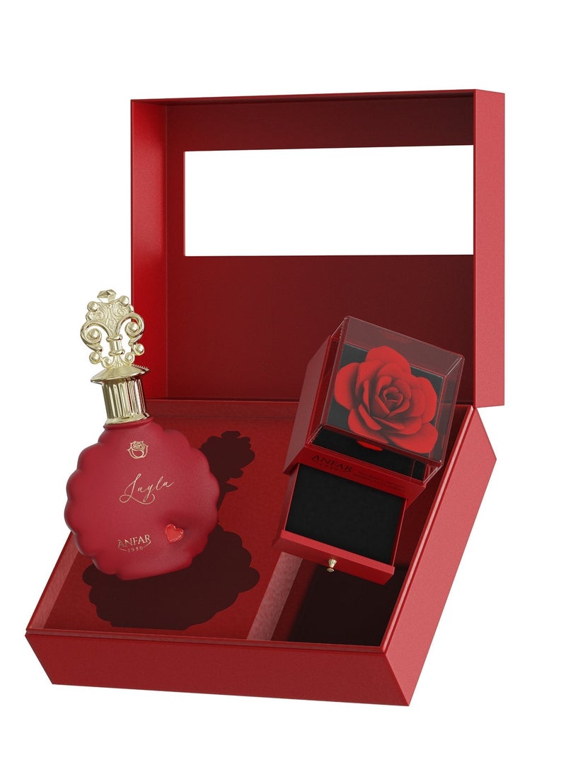 ANFAR 1950 Layla Gift Set – Extrait de Parfum 100ml for Women – Luxury Perfume with Decorative Rose & Necklace – Elegant Gift Set for Her - Image 2